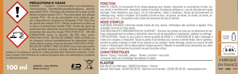 Mastic à bois bi-composant  Rebouchage